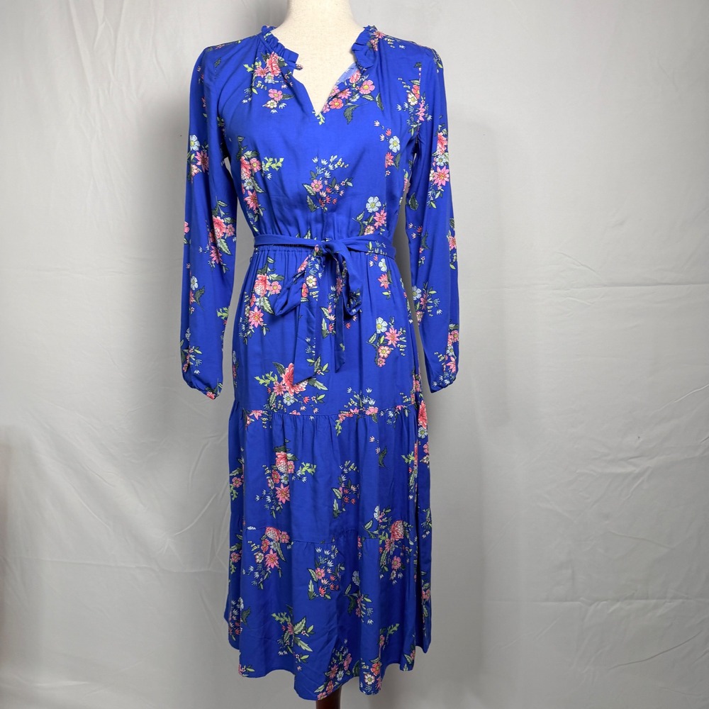 LOFT Blue Floral Tiered Midi Dress Long Sleeve Ruffle Neck, Retro, prairie NWT